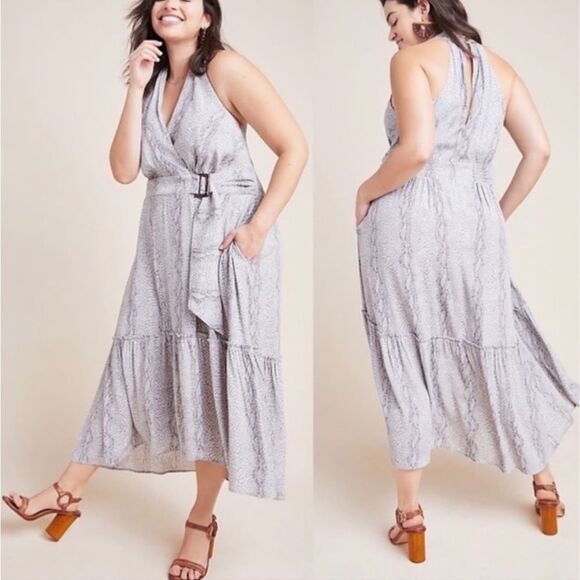Anthropologie Marfa Grey Snake Print V-neck Belted Faux Wrap Maxi Dress 14 - Picture 1 of 9